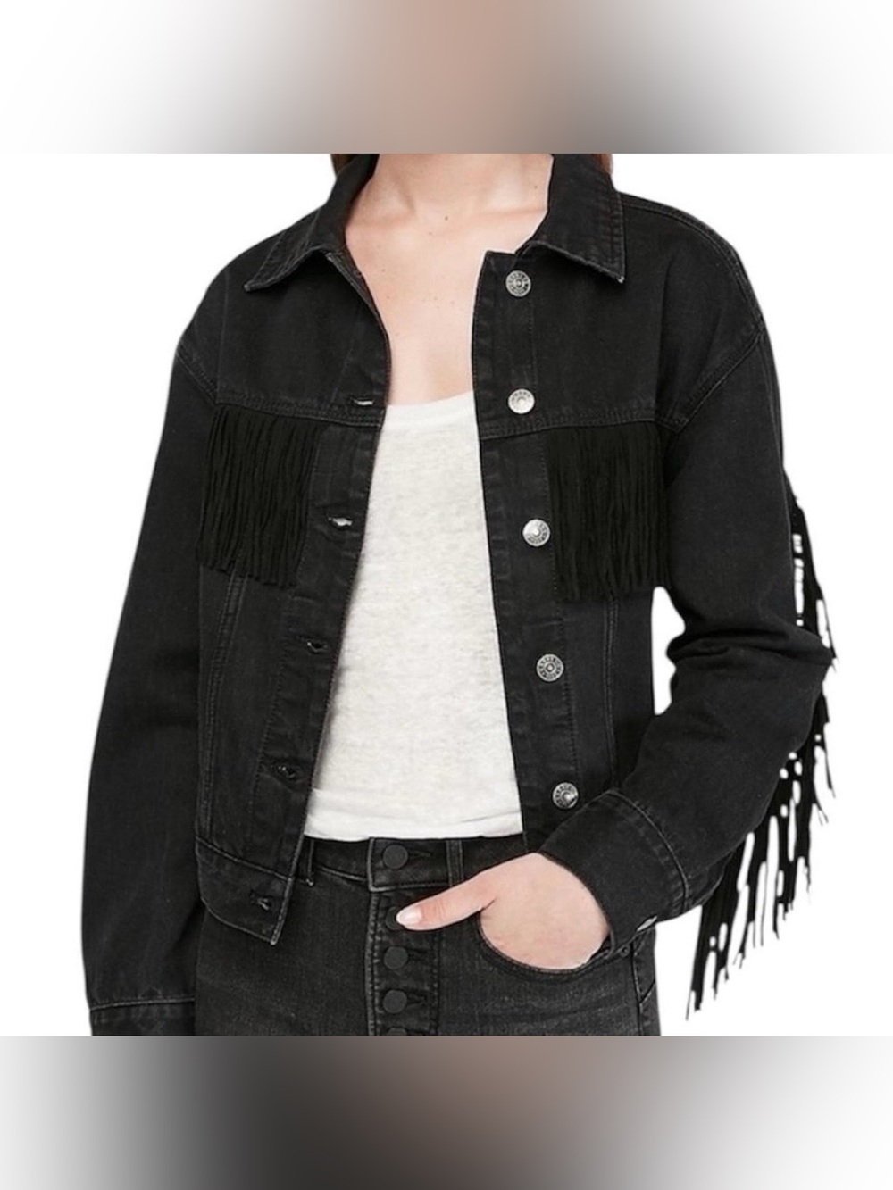 EXPRESS FRINGE BUTTON UP DENIM JACKET IN BLACK SIZE SMALL